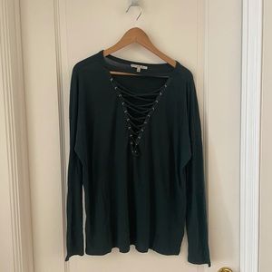 Green lace up neck knit shirt from Express